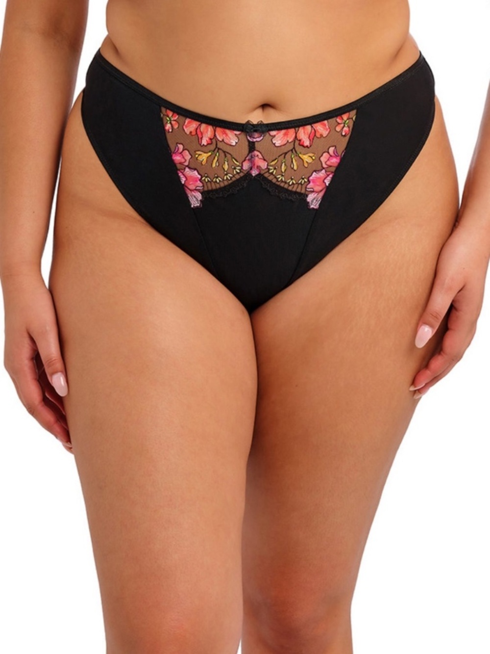 NEW Elomi Teagan Metallic Floral Embroidered Mesh Bow Thong 302670 Rainbow Black
